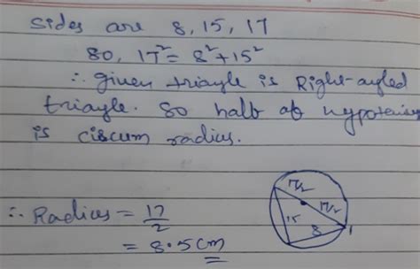 Find circumradius (in cm) of a triangle whose sides are 8 cm, 15 cm and ...