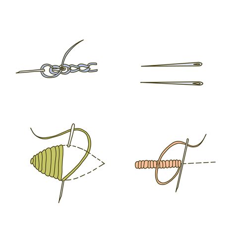 Set of different Embroidery Stitches and two Needles. Needle and Thread silhouettes. Hand drawn ...