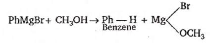 Phenyl magnesium bromide reacts with methanol to give
