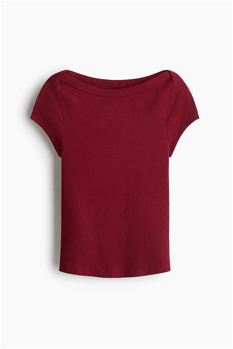 Ribbed boat-neck top - Dark red - Ladies | H&M IN
