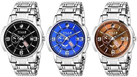 VILLS LAURRENS Pack 0F 3 Multi Coloured Analog Watch for Men and Boys ...