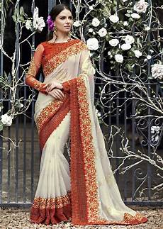 Wedding White Sarees by White Colored Embroidered Chiffon Wedding Saree 1029 Wedding White Sarees