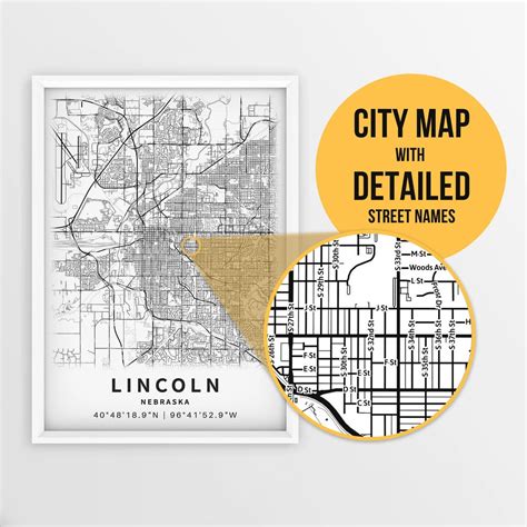 Printable Map of Lincoln, Nebraska, USA With Street Names - Instant Download  City Map  Travel ...