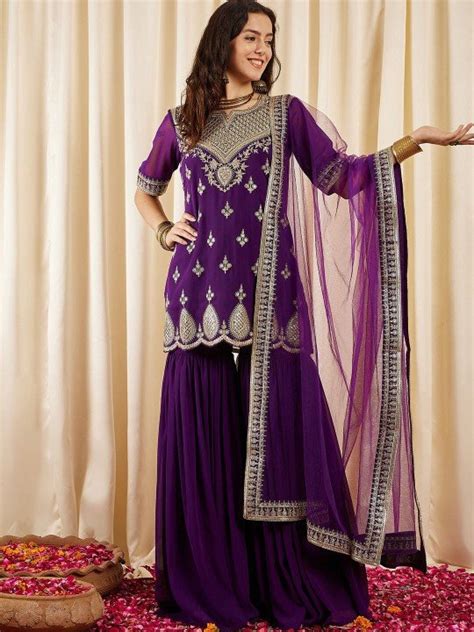Ethnic Motifs Embroidered Regular Sequined Kurti with Sharara & Dupatta