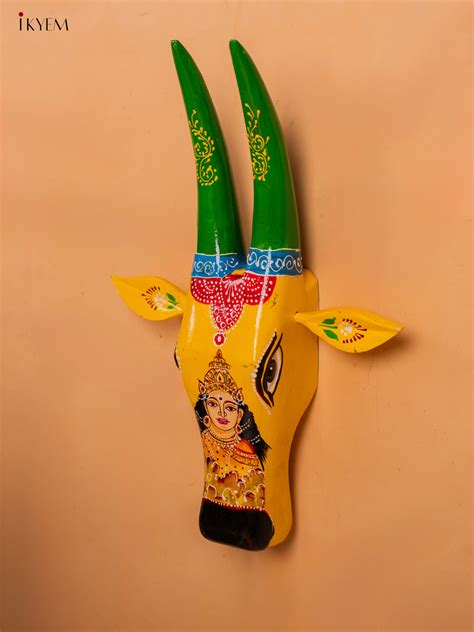 Hand Painted Cow Head Yellow with Green - Goddess Lakshmi - 16 inch