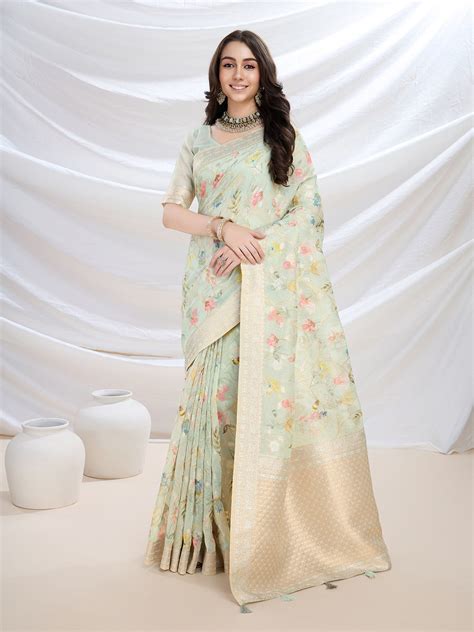 Buy Light Green Pure Cotton Festive Wear Saree With Blouse Piece online ...
