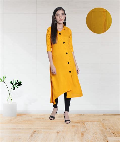 Women’s Rayon Solid Plain Asymmetric A-Line Designer Kurti (Mustard ...