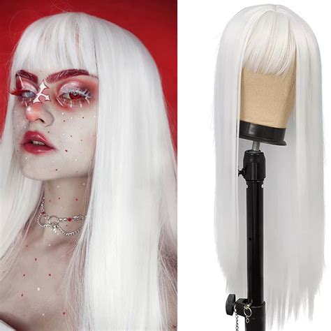 Buy Netgo White Wig with Bangs, Long Straight White Wig for Women, 27 ...
