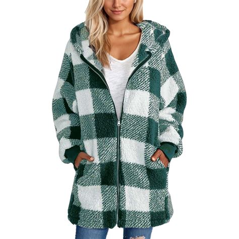 GIPQJK Womens Sherpa Jacket Lined Plaid Fuzzy Oversized Hoodies Zip Up ...