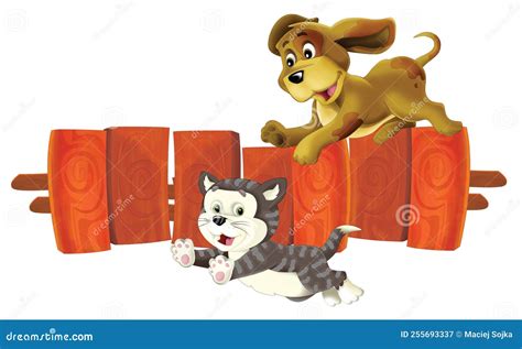 Cartoon Dog Chasing Cat Over the Fence Friends Illustration Stock ...