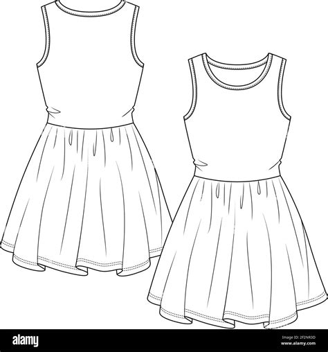 Girls Sleeveless Summer dress flat sketch fashion template. Teen Knit dress Technical Fashion ... - Dress Flat Sketch