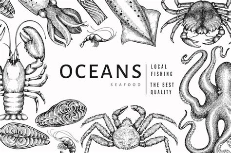 Seafood template. hand drawn seafood illustration. engraved style food ...