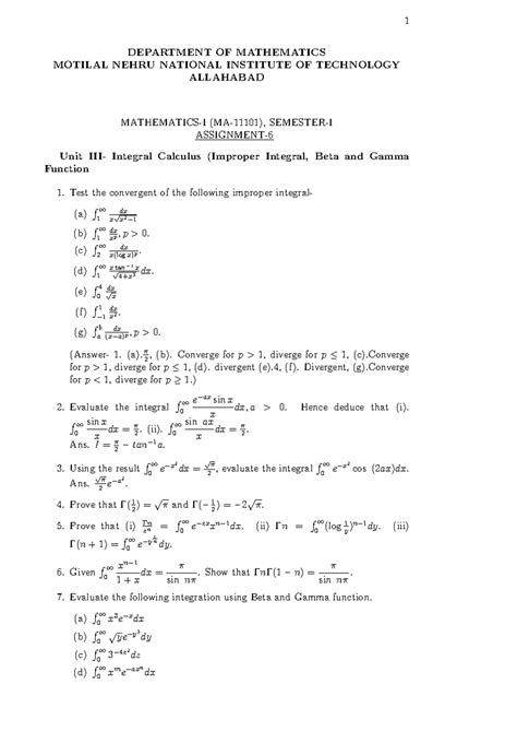 Assignment VI Beta and Gamma Function - 1 DEPARTMENT OF MATHEMATICS ...