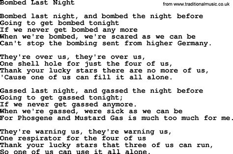 World War One(WW1)Era Song Lyrics for: Bombed Last Night