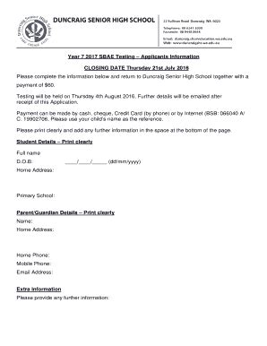 Fillable Online duncraigshs wa edu SBAE Testing Applicants Information ...