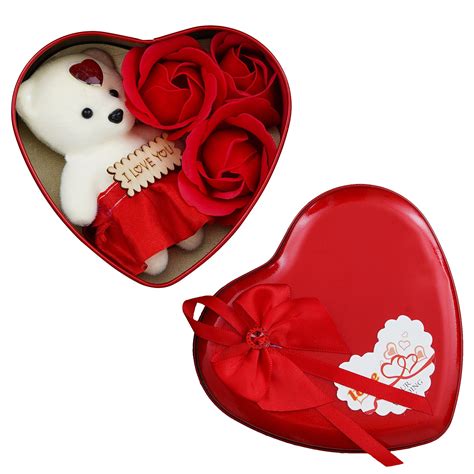 Red Roses and Teddy Bear Valentine's Heart Shaped Gift Box- eCraftIndia ...