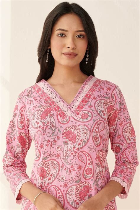 Buy Pink Hand Printed Straight Cotton Kurta for Women | Officewear ...