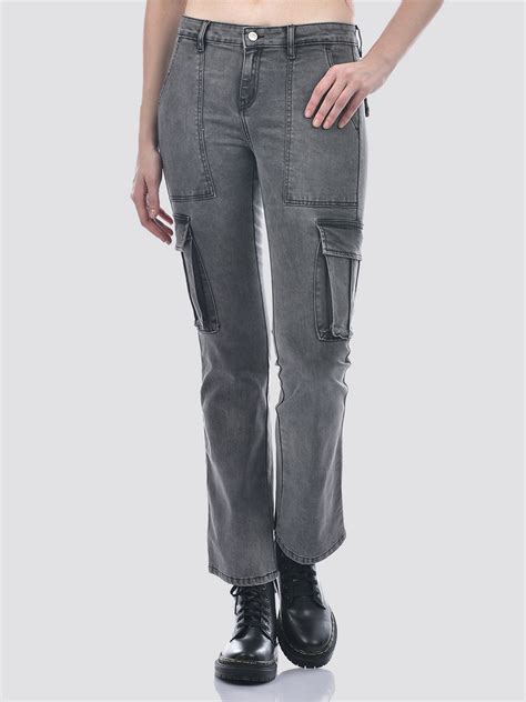 Buy Women's Grey Mid Rise Cargo Style Bootcut Fit Jeans Online | Numero Uno