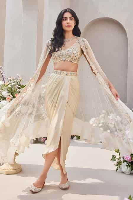 Buy Ivory Organza Embroidered Sequin Cape Zardozi Ruffled Hem Dhoti ...