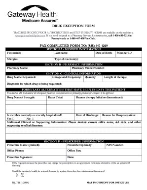 Fillable Online Drug exception form fax completed form to - Gateway ...
