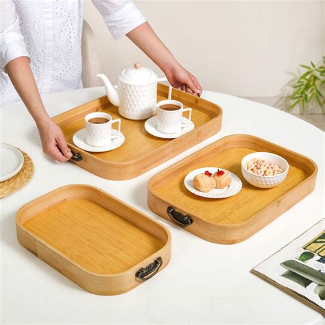 Set Of 3 Bamboo Wood Serving Trays With Handles Online - Premium Tray ...