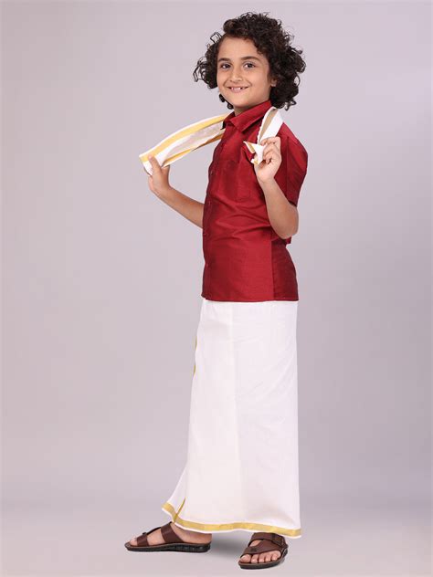 Buy Boys Maroon Shirt with Gold Jari Flexi Dhoti Combo – ministerwhite.com