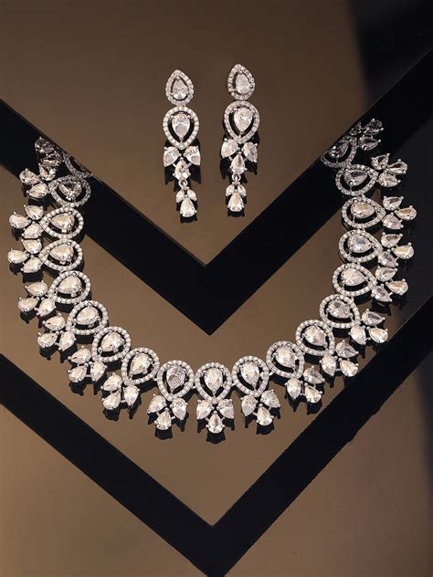 Fancy Whitestoned Statement Design Necklace with AD Drop Earrings Jewe ...