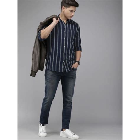 Buy The Bear House Men Navy Blue Slim Fit Striped Cotton Casual Shirt ...