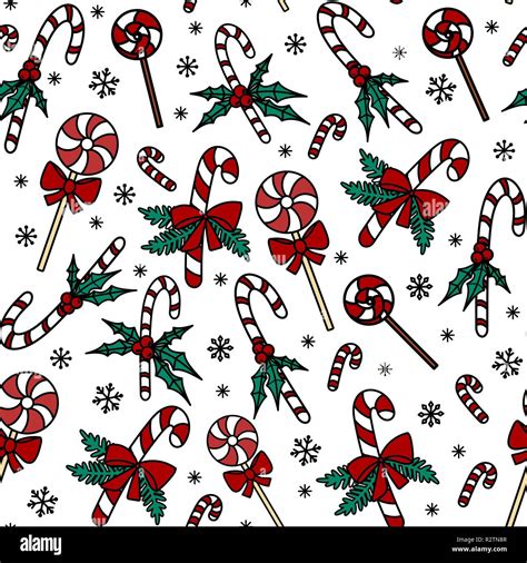 Christmas seamless pattern with candy canes and lollipop. Hand drawn ...