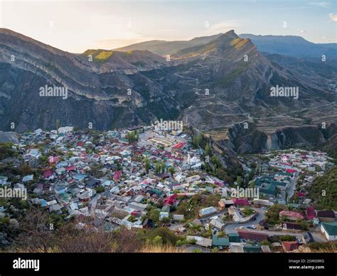The village on the mountain. High-altitude plateau with a Gunib town ...
