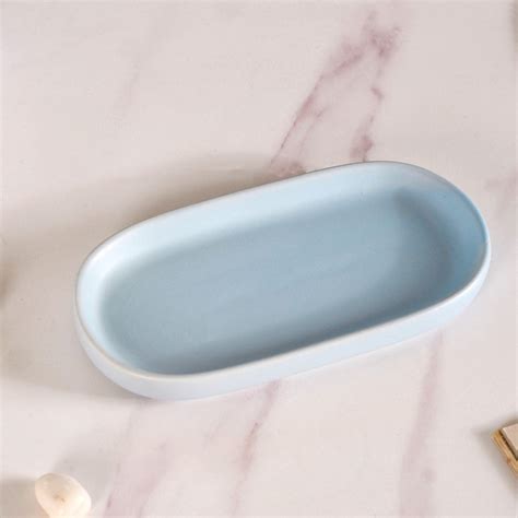 Leaf Emboss Ceramic Bath Set Of 3 With Tray Light Blue Online - Premium ...