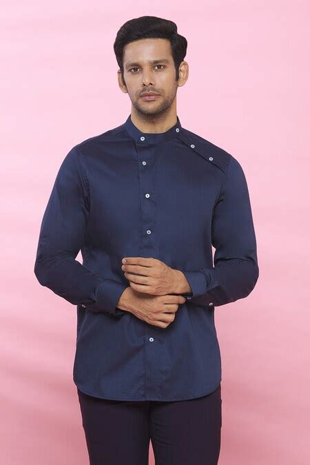 Buy Blue Cotton Plain Mandarin Collar Shirt For Men by Aces by Arjun ...