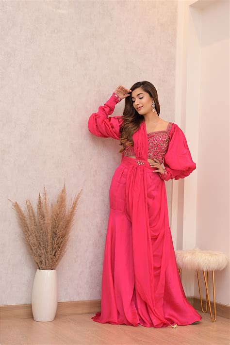 PINK PRE DRAPE SHARARA SET WITH BALLOON SLEEVE EMBELLISHED BLOUSE ...