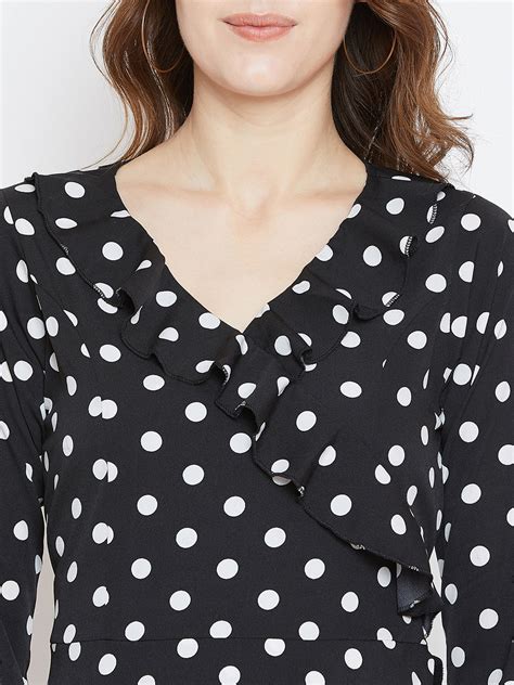 Berrylush Women Black & White Polka Dot Printed V-Neck Flounce Wrap Mi
