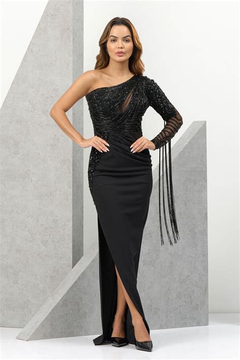 Ashtar One Shoulder Fringes Evening Gown