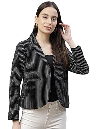 Buy Cottinfab Women Black & White Striped Open Front Formal Blazer at ...
