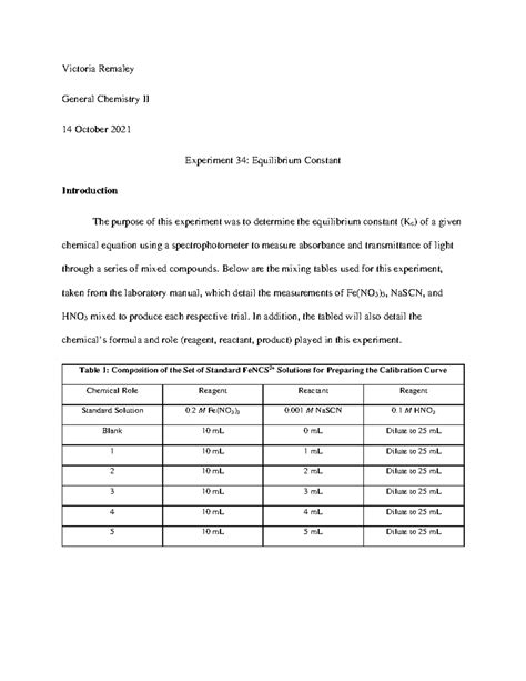 Experiment 34: Determining Kc in Equilibrium Constant Lab Report - Studocu
