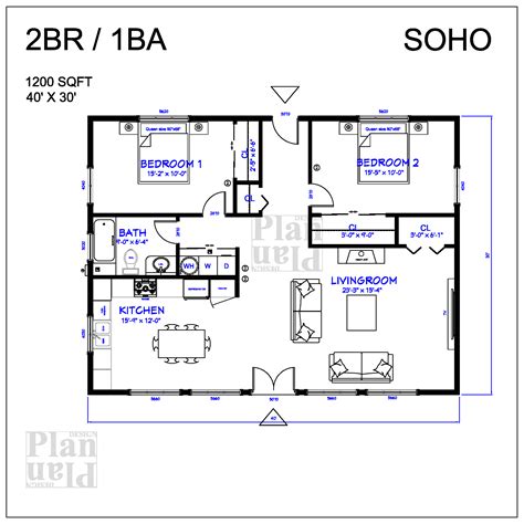2BR /1BA 1200 Sq Ft FLOOR PLAN 40' X 30' SOHO - Inspire Uplift