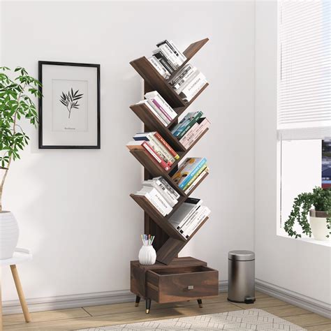 Birdhut Solid Sheesham Wood 9 Tier Tree Bookshelf with Drawer - 9 Open ...