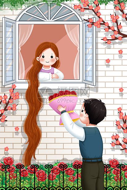窗外的男孩给长发女孩送玫瑰插画图片下载-正版图片401894891-摄图网