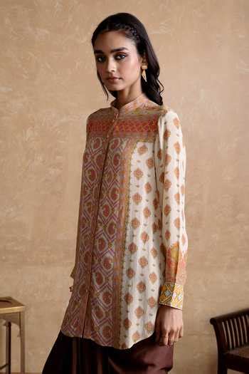 Buy Beige Viscose Embroidery Mandarin Collar Multi Designer Kurta For ...