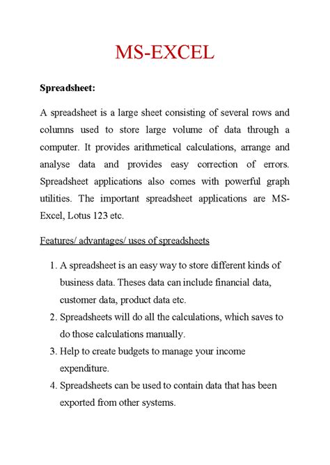 MS Excel - MS-EXCEL Spreadsheet: A spreadsheet is a large sheet ...