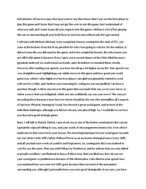 Veevivor Final Tribal Council Speech - Insights and Reflections - Studocu