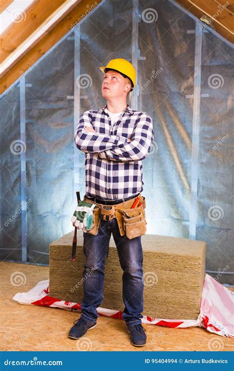 Attic Renovation. Handyman with a Tool Belt. House Renovation Service ...