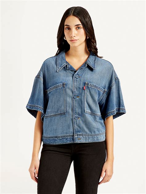 Women's Solid Blue Spread Collar Denim Trucker Jacket – Levis India Store