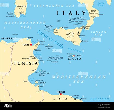 Strait of Sicily, political map. Also known as Sicilian Channel. A ...