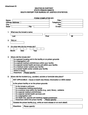 Fillable Online tdcj state tx Attachment B DEATHS IN CUSTODY STATE ...