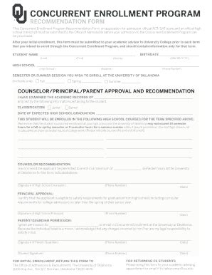 Fillable Online ou CONCURRENT ENROLLMENT PROGRAM RECOMMENDATION FORM ...