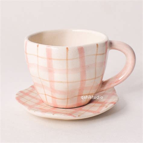 Handmade Cute Ceramic mug & Coaster Set - Plaid – Qshi Studio