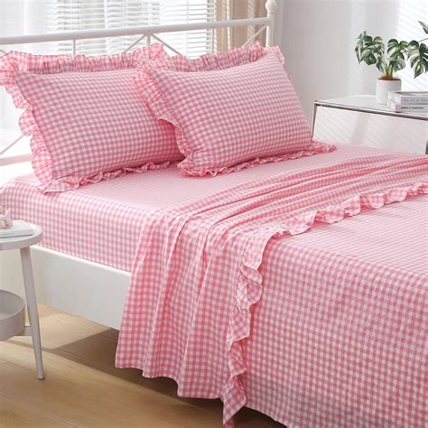 Amazon.com: K MASANIJI Coral Pink White Plaid Ruffle Gingham Sheets ...